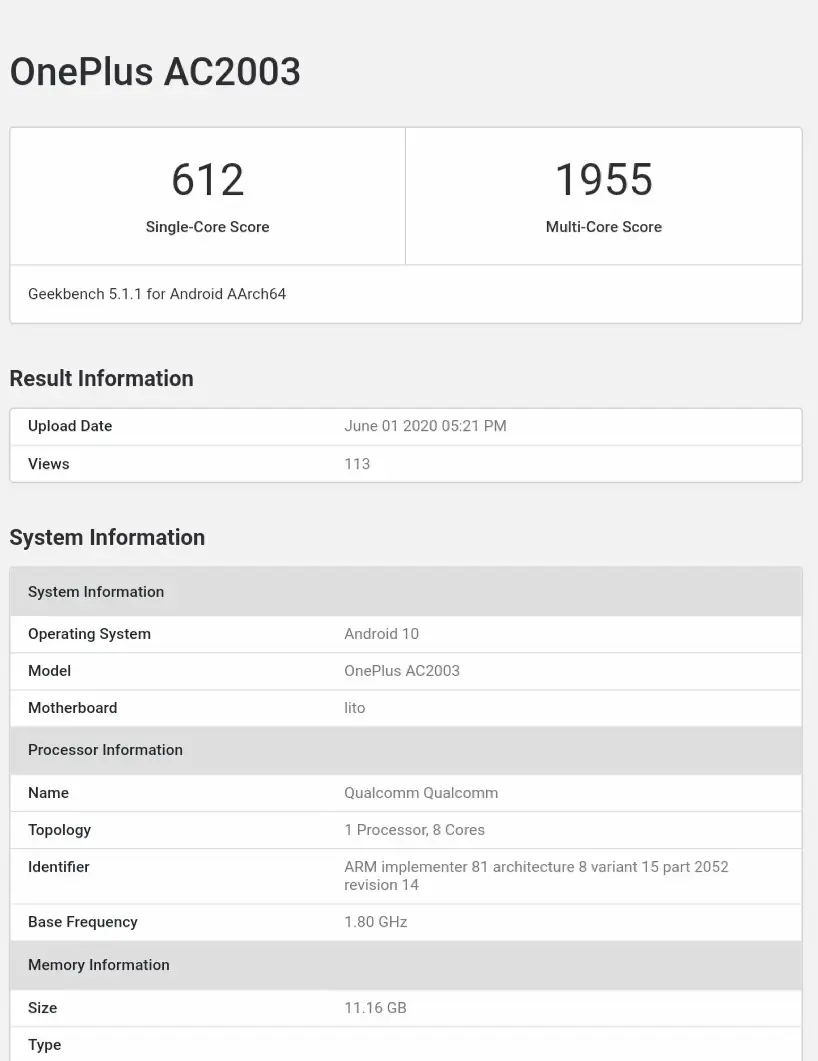 OnePlus Z Geekbench