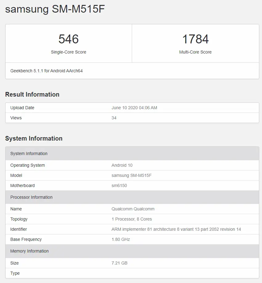 Samsung Galaxy M51 Geekbench