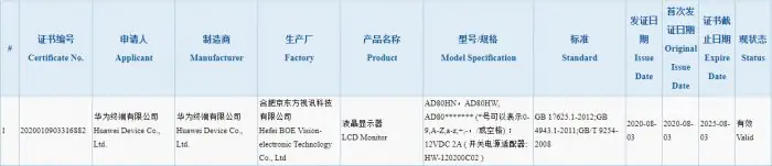 Huawei smart monitor 3C certification